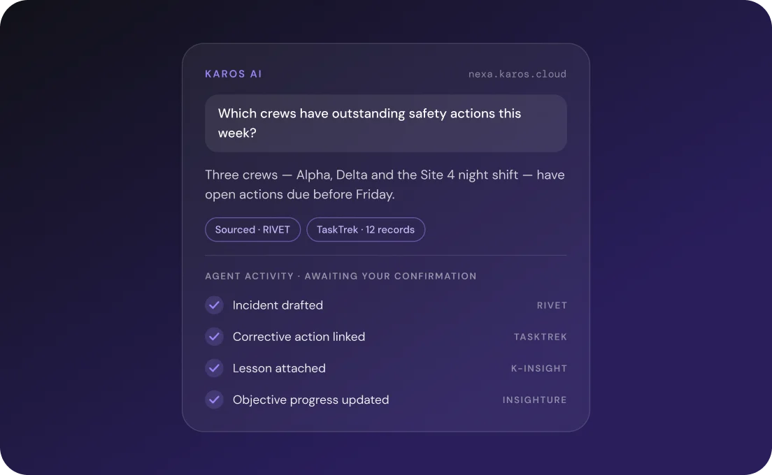 Karos AI answers in plain language, cites its sources and drafts actions across portals — then waits for a person to confirm.