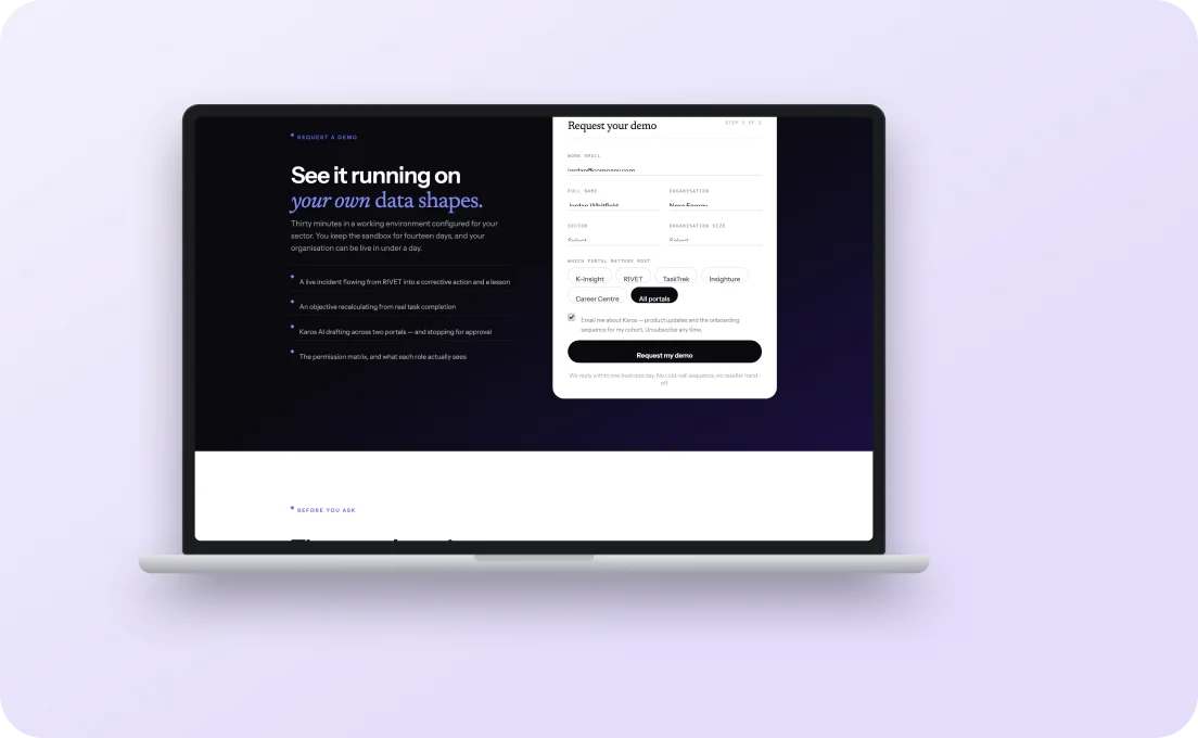 Request-a-demo flow on cloudlittech.com — prospects choose the portal that matters most.